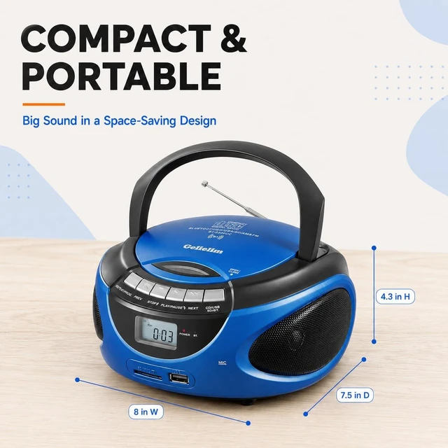 Alt view image 6 of 7 - Portable Boombox CD Player, Top Loading CD Players for Home with Bluetooth, AM FM Stereo Radio, Support USB, SD, MMC Drive, LCD Display, Headphone Jack, AC/DC Powered, Gift for Seniors-Blue