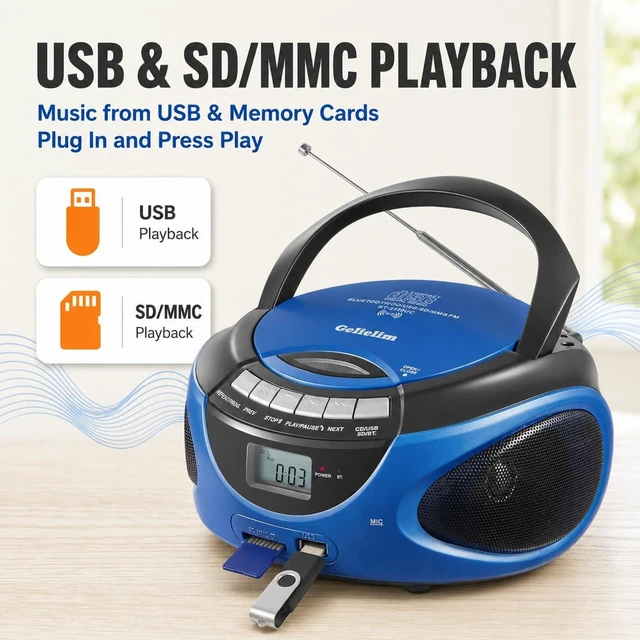 Alt view image 7 of 7 - Portable Boombox CD Player, Top Loading CD Players for Home with Bluetooth, AM FM Stereo Radio, Support USB, SD, MMC Drive, LCD Display, Headphone Jack, AC/DC Powered, Gift for Seniors-Blue