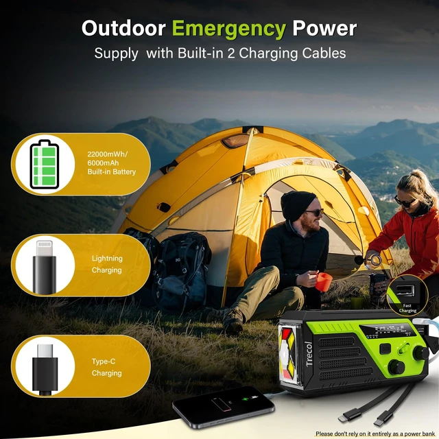 Alt view image 6 of 7 - Emergency Radio Solar with 2 Charging Cables, 22000mWh NOAA Weather Radio AM FM Hand Crank Radio, Flashlight Reading Lamp SOS Alarm Power Outage Phone Charger for Home Outdoor Emergencies