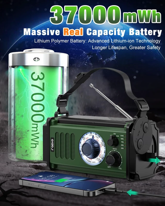 Alt view image 2 of 7 - 10000mAh/37000mWh Emergency Radio, Solar Radio, Hand Crank Radio, NOAA AM FM Weather Radio, 4 Charging Methods, Polymer Battery, Flashlight & Reading Lamp, SOS Alarm, Phone Charger for Emergency