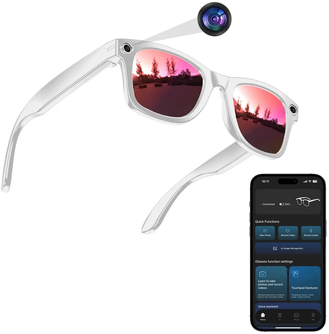Main image of AI Smart Camera Glasses for Men Women, 4K Photography,1080P HD Video Recording,Real-Time Translation, Open-Ear Audio,Voice Assistant, Lightweight (White Frame-Red Lens)