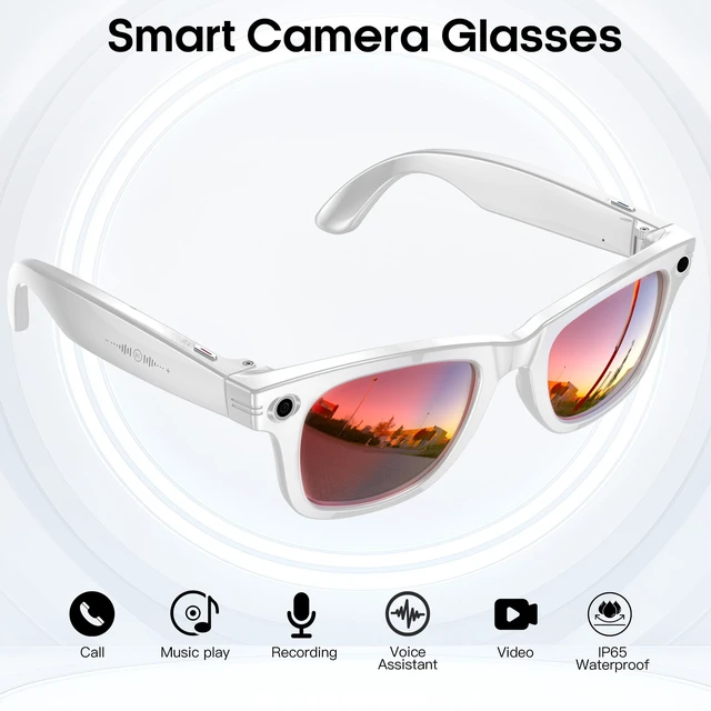 Alt view image 3 of 6 - AI Smart Camera Glasses for Men Women, 4K Photography,1080P HD Video Recording,Real-Time Translation, Open-Ear Audio,Voice Assistant, Lightweight (White Frame-Red Lens)