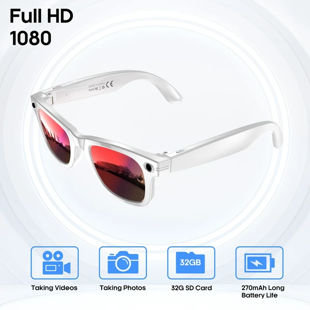 Alt view image 5 of 6 - AI Smart Camera Glasses for Men Women, 4K Photography,1080P HD Video Recording,Real-Time Translation, Open-Ear Audio,Voice Assistant, Lightweight (White Frame-Red Lens)