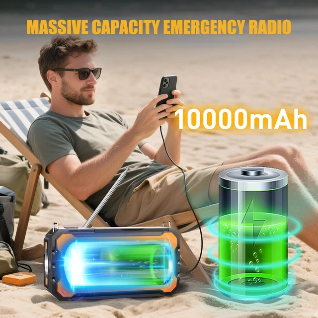 Alt view image 5 of 7 - Hand Crank Emergency Radio 10000mAh Weather Radio with AM/FM/NOAA, Orange Emergency Weather Radio with Solar Prower SOS Phone Charging LED Flashlight, Survival Gear for Outdoor Home Emergencies Kits