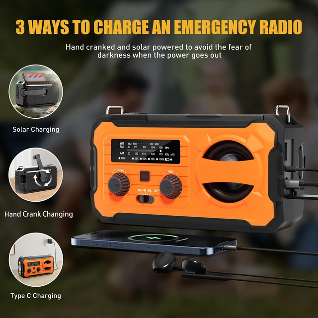Alt view image 6 of 7 - Hand Crank Emergency Radio 10000mAh Weather Radio with AM/FM/NOAA, Orange Emergency Weather Radio with Solar Prower SOS Phone Charging LED Flashlight, Survival Gear for Outdoor Home Emergencies Kits