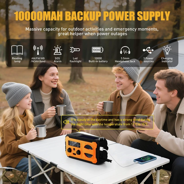Alt view image 2 of 7 - Hand Crank Emergency Radio 10000mAh Weather Radio with AM/FM/NOAA, Orange Emergency Weather Radio with Solar Prower SOS Phone Charging LED Flashlight, Survival Gear for Outdoor Home Emergencies Kits