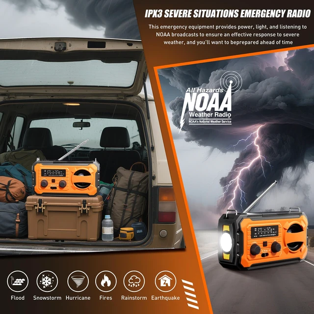 Alt view image 3 of 7 - Hand Crank Emergency Radio 10000mAh Weather Radio with AM/FM/NOAA, Orange Emergency Weather Radio with Solar Prower SOS Phone Charging LED Flashlight, Survival Gear for Outdoor Home Emergencies Kits