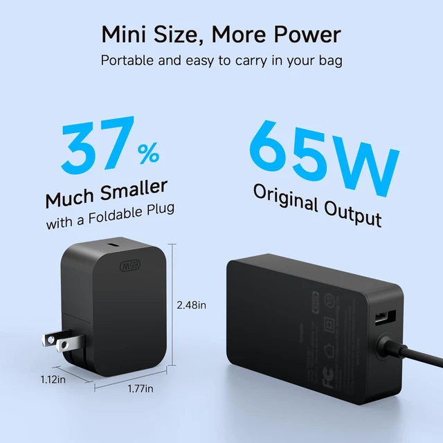 Alt view image 6 of 7 - 10ft Charger for Microsoft Surface Pro 11, 10, 9, 8, 7+, 7, X, 6, 5, 4, 3, 65W Power Adapter for Windows Surface Laptop 7/6/5/4/3/2/1, Go Tablet, Book 3/2/1, 10ft USB-C Cable, Original Quality