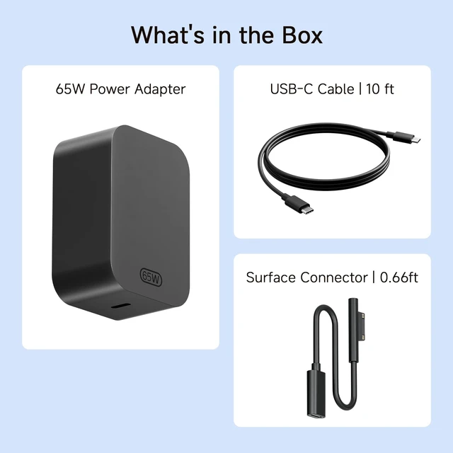 Alt view image 7 of 7 - 10ft Charger for Microsoft Surface Pro 11, 10, 9, 8, 7+, 7, X, 6, 5, 4, 3, 65W Power Adapter for Windows Surface Laptop 7/6/5/4/3/2/1, Go Tablet, Book 3/2/1, 10ft USB-C Cable, Original Quality