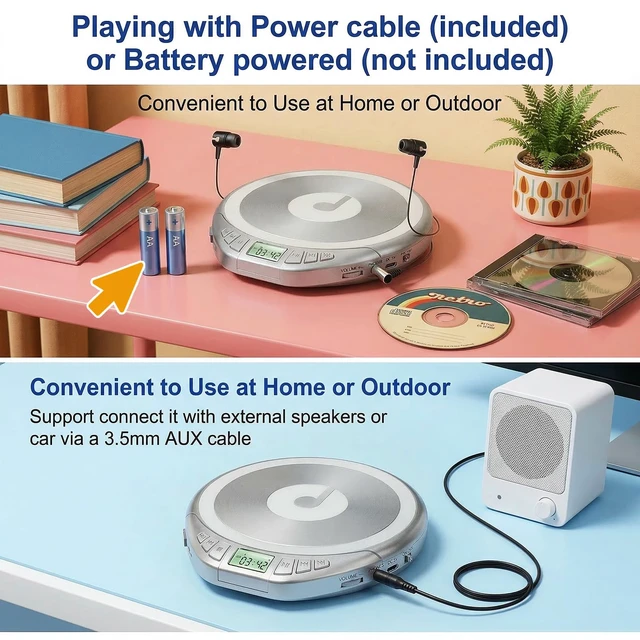 Alt view image 4 of 7 - Portable CD Player with Earphones,Personal CD Discman Player for Home Car with Anti-Skip Shockproof Protection, Small CD Player with LCD Display for Music Lovers