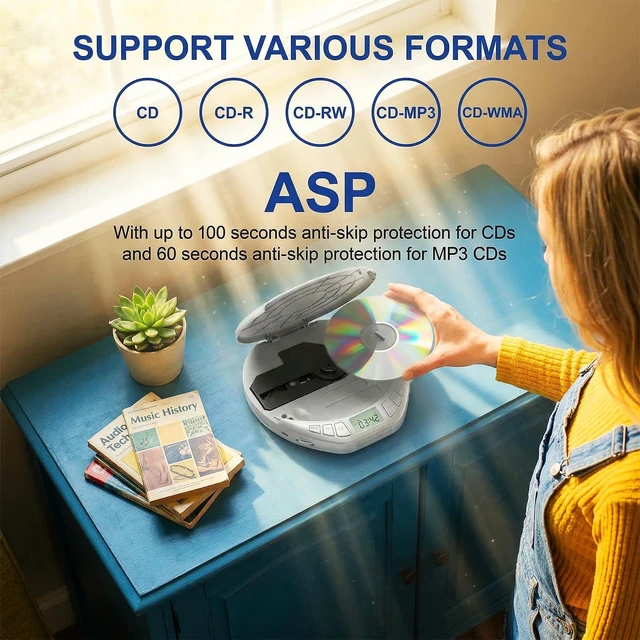 Alt view image 5 of 7 - Portable CD Player with Earphones,Personal CD Discman Player for Home Car with Anti-Skip Shockproof Protection, Small CD Player with LCD Display for Music Lovers