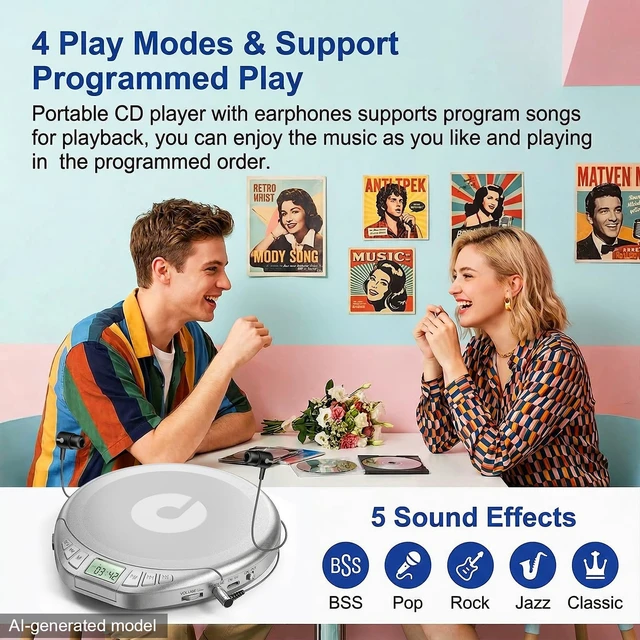 Alt view image 6 of 7 - Portable CD Player with Earphones,Personal CD Discman Player for Home Car with Anti-Skip Shockproof Protection, Small CD Player with LCD Display for Music Lovers