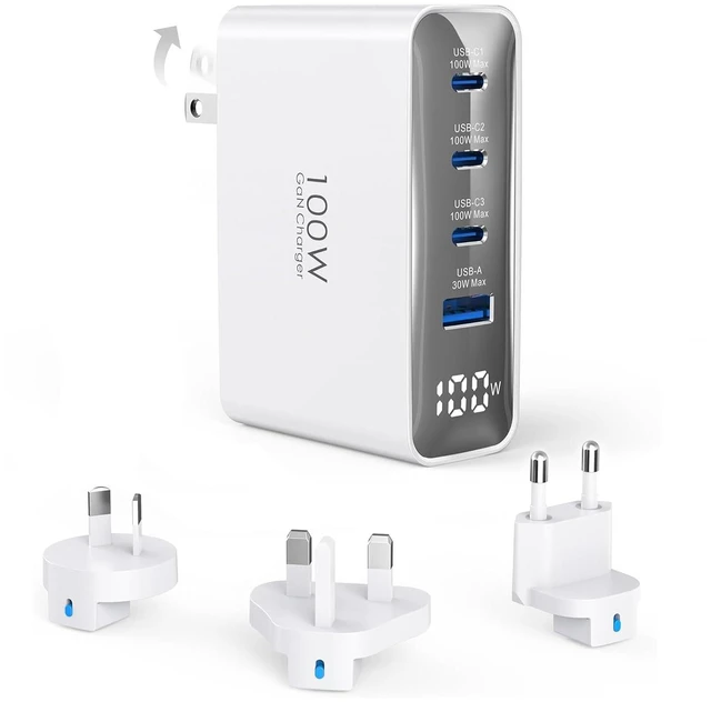 Main image of 100W USB C Travel Charger, 4-Ports Foldable Travel Adapter Plug Converter with UK/EU/AU Plugs,Fast Charging for Macbook Pro/Air,for iPad Pro/iPhone 16/15 Pro Max, for 45w Samsung Galaxy, White