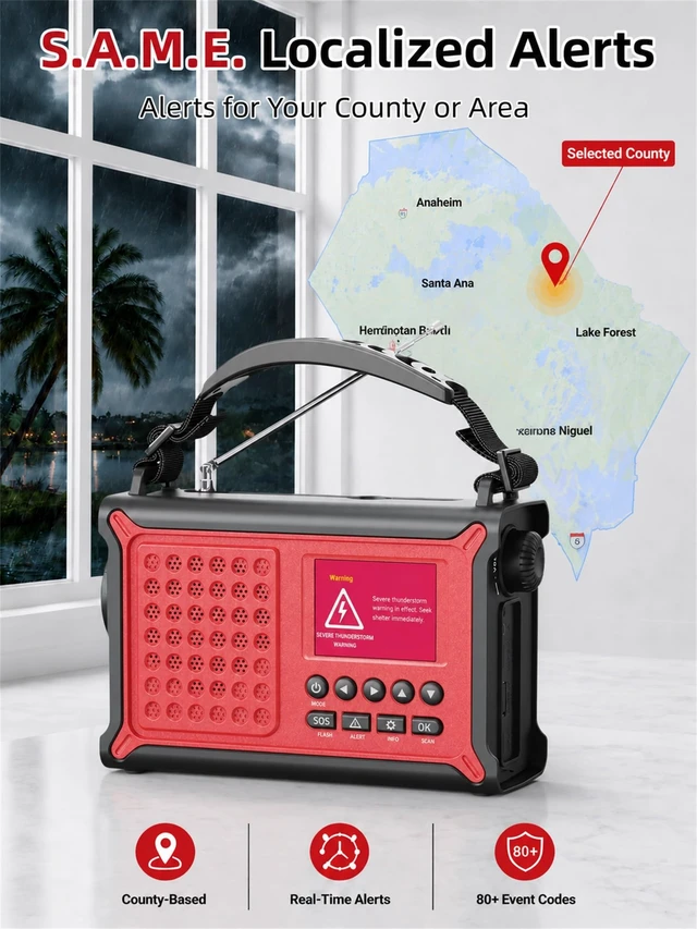 Alt view image 2 of 7 - S.A.M.E. NOAA Weather Alert Radio with Solar & Hand Crank Backup S.A.M.E. County Alerts, 80+ Event Codes, 12000mAh Emergency Backup, FM Radio, Dual Alarms, Reading Lamp, Flashlight & SOS