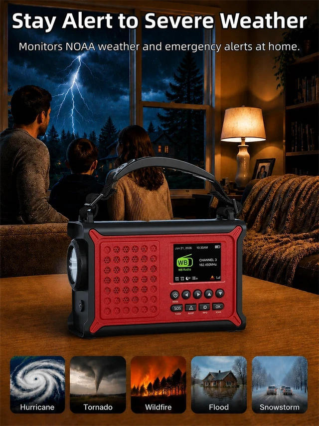 Alt view image 4 of 7 - S.A.M.E. NOAA Weather Alert Radio with Solar & Hand Crank Backup S.A.M.E. County Alerts, 80+ Event Codes, 12000mAh Emergency Backup, FM Radio, Dual Alarms, Reading Lamp, Flashlight & SOS