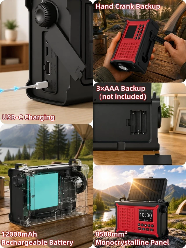 Alt view image 6 of 7 - S.A.M.E. NOAA Weather Alert Radio with Solar & Hand Crank Backup S.A.M.E. County Alerts, 80+ Event Codes, 12000mAh Emergency Backup, FM Radio, Dual Alarms, Reading Lamp, Flashlight & SOS