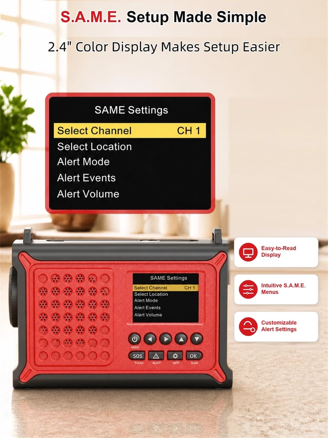 Alt view image 3 of 7 - S.A.M.E. NOAA Weather Alert Radio with Solar & Hand Crank Backup S.A.M.E. County Alerts, 80+ Event Codes, 12000mAh Emergency Backup, FM Radio, Dual Alarms, Reading Lamp, Flashlight & SOS