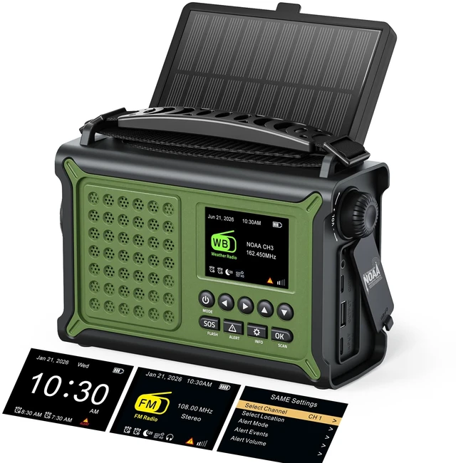 Main image of S.A.M.E. NOAA Emergency Weather Radio with FM and 12000mAh Battery S.A.M.E. County Alerts, 80+ Event Codes, 2.4" Color Menu, Solar & Crank Backup, Dual Alarms, Reading Lamp, Flashlight & SOS