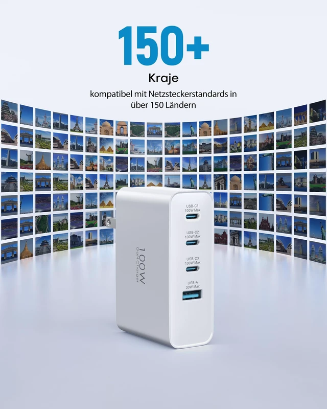 Alt view image 6 of 7 - 100W USB C Travel Charger, 4-Ports Foldable Travel Adapter Plug Converter with UK/EU/AU Plugs,Fast Charging for Macbook Pro/Air,for iPad Pro/iPhone 16/15 Pro Max, for 45w Samsung Galaxy, White