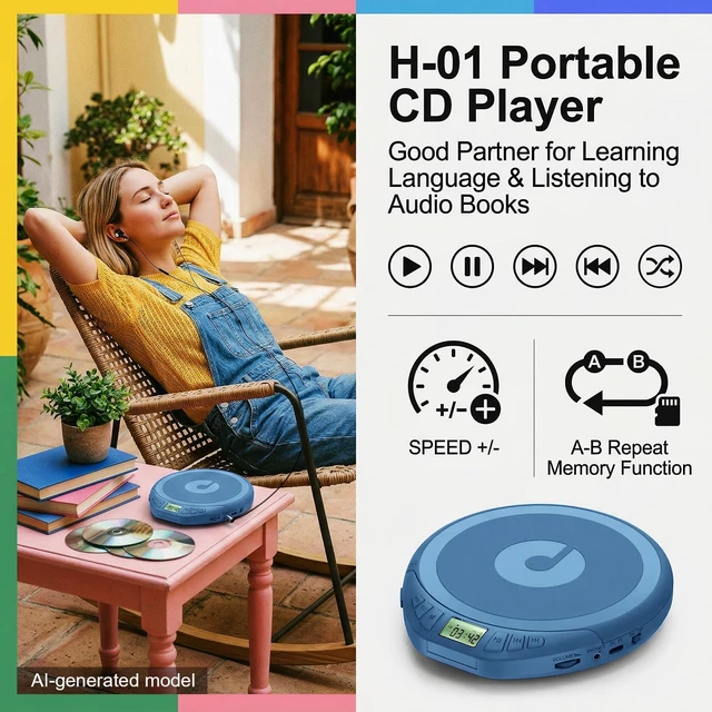 Alt view image 2 of 7 - Portable CD Player with Earphones,Personal CD Discman Player (Cyan) for Home Car with Anti-Skip Shockproof Protection, Small CD Player with LCD Display for Music Lovers