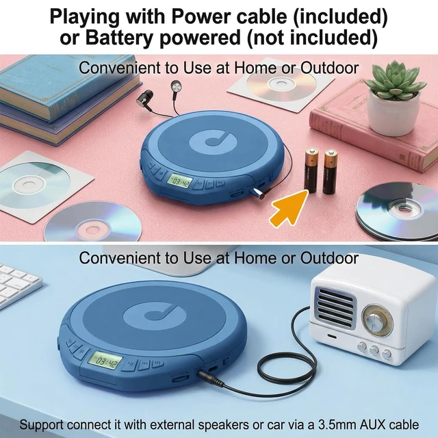 Alt view image 3 of 7 - Portable CD Player with Earphones,Personal CD Discman Player (Cyan) for Home Car with Anti-Skip Shockproof Protection, Small CD Player with LCD Display for Music Lovers