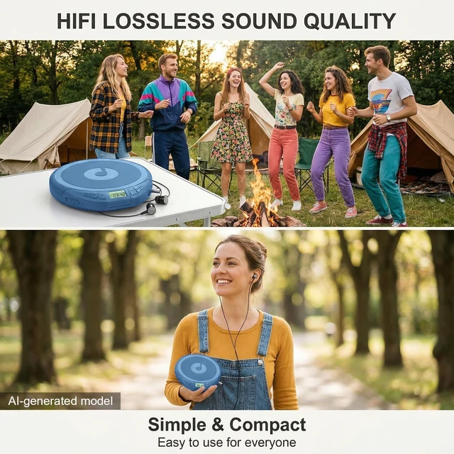 Alt view image 6 of 7 - Portable CD Player with Earphones,Personal CD Discman Player (Cyan) for Home Car with Anti-Skip Shockproof Protection, Small CD Player with LCD Display for Music Lovers