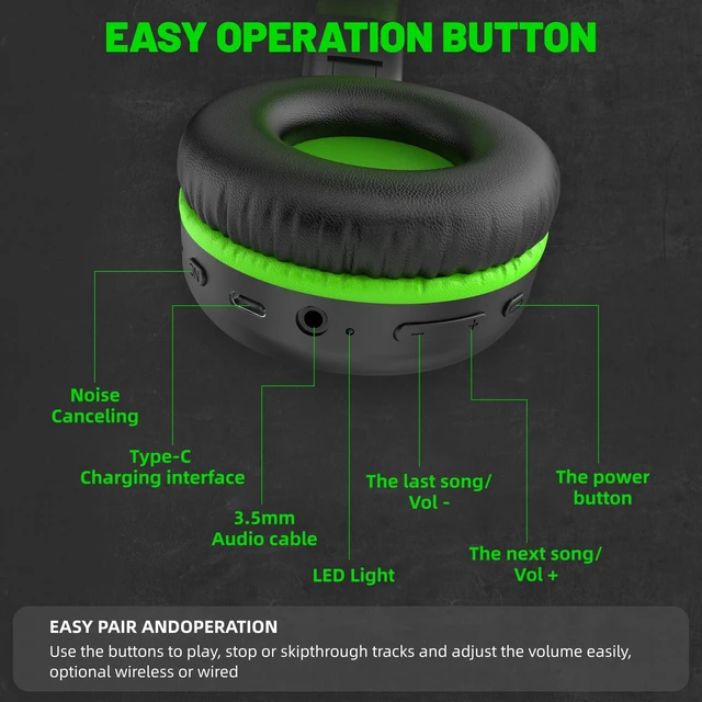 Alt view image 3 of 7 - U2B ANC Wired & Wireless Bluetooth 6.0 Headphones Foldable with Mic Up to 30 Hrs Battery, Noise Canceling Foldable Lightweight Head phones with Volume Control for Kids Adult School Black Green