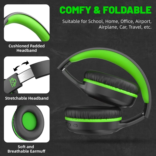 Alt view image 4 of 7 - U2B ANC Wired & Wireless Bluetooth 6.0 Headphones Foldable with Mic Up to 30 Hrs Battery, Noise Canceling Foldable Lightweight Head phones with Volume Control for Kids Adult School Black Green