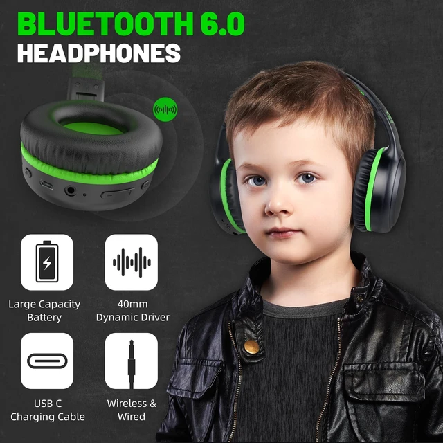 Alt view image 6 of 7 - U2B ANC Wired & Wireless Bluetooth 6.0 Headphones Foldable with Mic Up to 30 Hrs Battery, Noise Canceling Foldable Lightweight Head phones with Volume Control for Kids Adult School Black Green