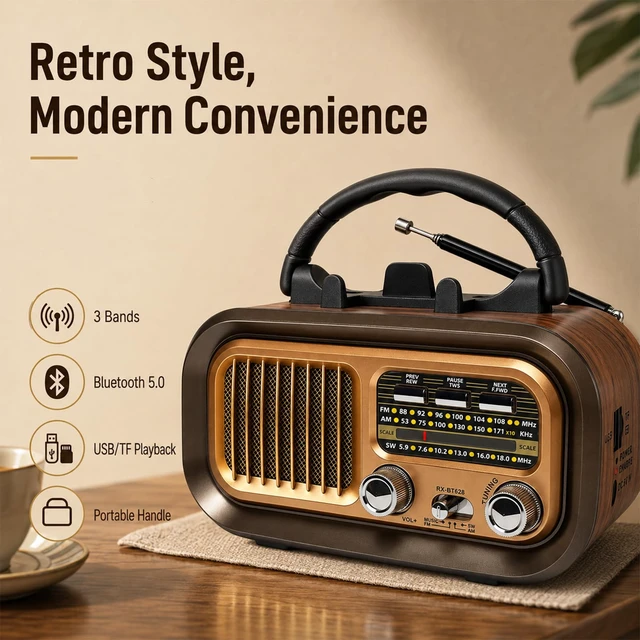Alt view image 2 of 7 - Portable AM FM SW Radio with Bluetooth, Rechargeable Retro Radio for Home 1200mAh Rechargeable Battery, Supports D Battery Power, USB/TF Playback & TWS for Home, Camping, Outdoors and Emergencies