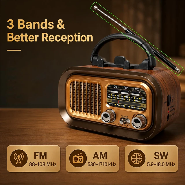 Alt view image 3 of 7 - Portable AM FM SW Radio with Bluetooth, Rechargeable Retro Radio for Home 1200mAh Rechargeable Battery, Supports D Battery Power, USB/TF Playback & TWS for Home, Camping, Outdoors and Emergencies