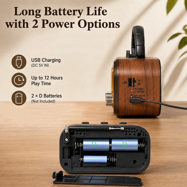 Alt view image 4 of 7 - Portable AM FM SW Radio with Bluetooth, Rechargeable Retro Radio for Home 1200mAh Rechargeable Battery, Supports D Battery Power, USB/TF Playback & TWS for Home, Camping, Outdoors and Emergencies
