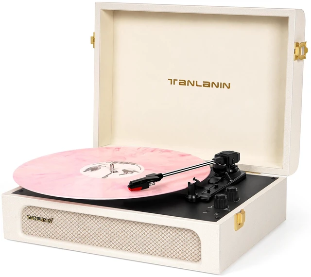 Main image of Vinyl Record Player with Speakers Bass & Treble Control Turntable Creamy White & Champagne Gold, Vintage Portable 3-Speed LP Player, Bass & Treble Control, Auto Stop, RCA, AUX, Headphone Jack