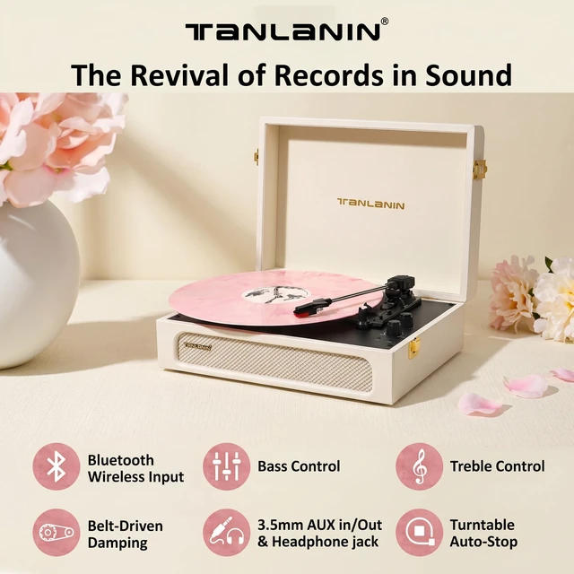 Alt view image 2 of 7 - Vinyl Record Player with Speakers Bass & Treble Control Turntable Creamy White & Champagne Gold, Vintage Portable 3-Speed LP Player, Bass & Treble Control, Auto Stop, RCA, AUX, Headphone Jack