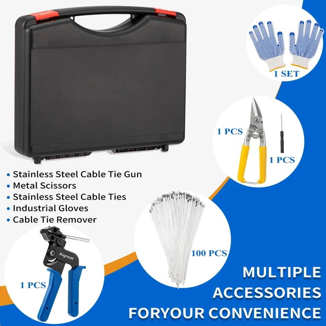 Alt view image 7 of 7 - Stainless Steel Cable Tie Gun Set with Adjustable Tension Auto Cut Fastening Tool for Exhaust Pipe, Chain Link Fence, Auto Repair & Industrial Cable Binding (Extra Large 100PCS)
