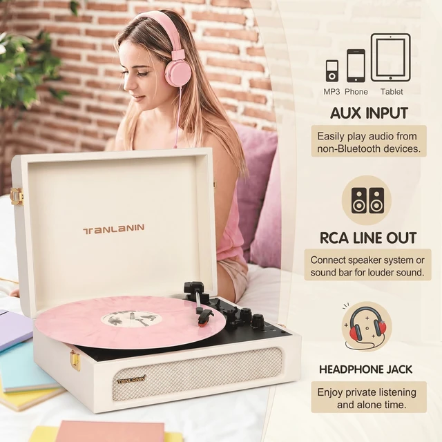 Alt view image 3 of 7 - Vinyl Record Player with Speakers Bass & Treble Control Turntable Creamy White & Champagne Gold, Vintage Portable 3-Speed LP Player, Bass & Treble Control, Auto Stop, RCA, AUX, Headphone Jack