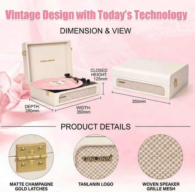 Alt view image 4 of 7 - Vinyl Record Player with Speakers Bass & Treble Control Turntable Creamy White & Champagne Gold, Vintage Portable 3-Speed LP Player, Bass & Treble Control, Auto Stop, RCA, AUX, Headphone Jack