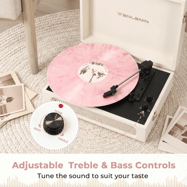 Alt view image 6 of 7 - Vinyl Record Player with Speakers Bass & Treble Control Turntable Creamy White & Champagne Gold, Vintage Portable 3-Speed LP Player, Bass & Treble Control, Auto Stop, RCA, AUX, Headphone Jack