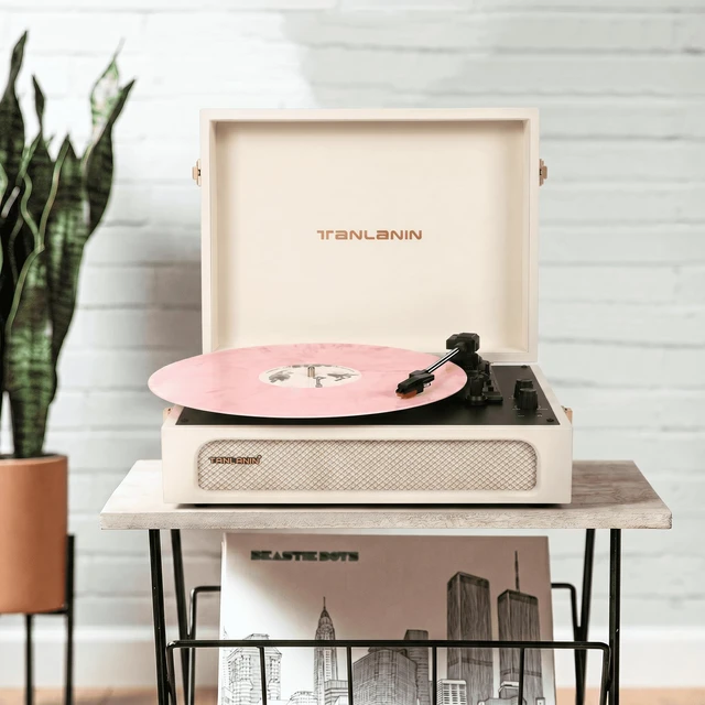 Alt view image 7 of 7 - Vinyl Record Player with Speakers Bass & Treble Control Turntable Creamy White & Champagne Gold, Vintage Portable 3-Speed LP Player, Bass & Treble Control, Auto Stop, RCA, AUX, Headphone Jack