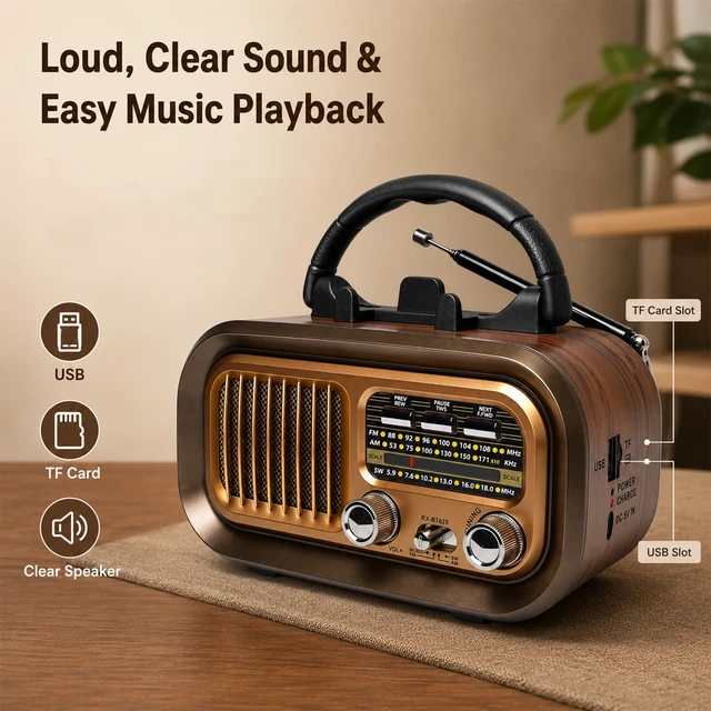 Alt view image 5 of 7 - Portable AM FM SW Radio with Bluetooth, Rechargeable Retro Radio for Home 1200mAh Rechargeable Battery, Supports D Battery Power, USB/TF Playback & TWS for Home, Camping, Outdoors and Emergencies