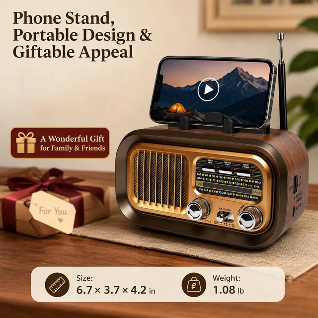 Alt view image 7 of 7 - Portable AM FM SW Radio with Bluetooth, Rechargeable Retro Radio for Home 1200mAh Rechargeable Battery, Supports D Battery Power, USB/TF Playback & TWS for Home, Camping, Outdoors and Emergencies