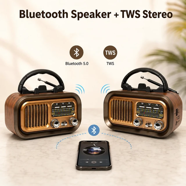 Alt view image 6 of 7 - Portable AM FM SW Radio with Bluetooth, Rechargeable Retro Radio for Home 1200mAh Rechargeable Battery, Supports D Battery Power, USB/TF Playback & TWS for Home, Camping, Outdoors and Emergencies