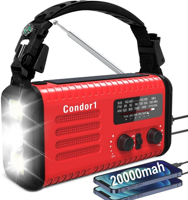 Main image of 20000mAh Emergency Weather Radio, Solar Hand Crank Portable AM/FM/NOAA Radio with Flashlight, Reading Lamp, SOS Alarm, USB-C Cell Phone Charger for Home Outdoor Survival-Red