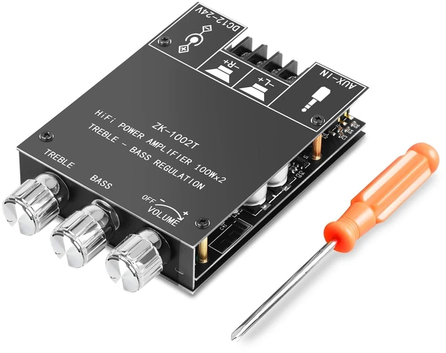 Main image of ZK-1002T Bluetooth Amplifier Board,100W+100W 2.0 Channel Amp Board with Treble/Bass Control,DC 12-24V, Bluetooth and AUX Inputs, Audio Amp Board for Home DIY Wireless Speakers, Password Free