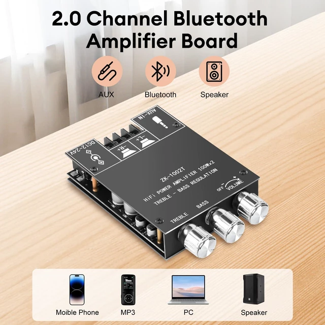 Alt view image 3 of 7 - ZK-1002T Bluetooth Amplifier Board,100W+100W 2.0 Channel Amp Board with Treble/Bass Control,DC 12-24V, Bluetooth and AUX Inputs, Audio Amp Board for Home DIY Wireless Speakers, Password Free