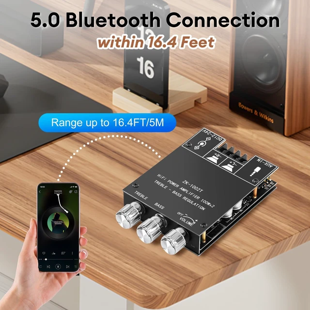 Alt view image 4 of 7 - ZK-1002T Bluetooth Amplifier Board,100W+100W 2.0 Channel Amp Board with Treble/Bass Control,DC 12-24V, Bluetooth and AUX Inputs, Audio Amp Board for Home DIY Wireless Speakers, Password Free
