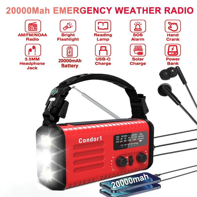 Alt view image 2 of 7 - 20000mAh Emergency Weather Radio, Solar Hand Crank Portable AM/FM/NOAA Radio with Flashlight, Reading Lamp, SOS Alarm, USB-C Cell Phone Charger for Home Outdoor Survival-Red