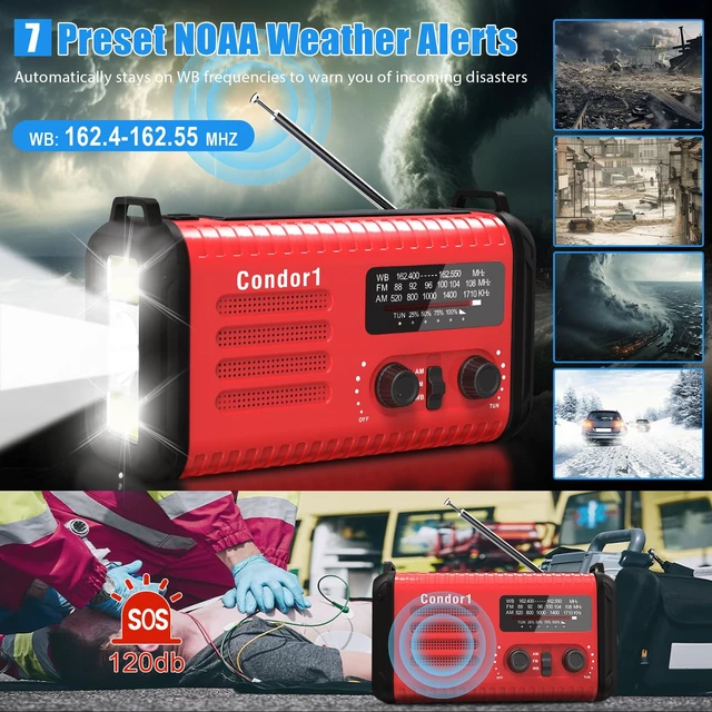 Alt view image 3 of 7 - 20000mAh Emergency Weather Radio, Solar Hand Crank Portable AM/FM/NOAA Radio with Flashlight, Reading Lamp, SOS Alarm, USB-C Cell Phone Charger for Home Outdoor Survival-Red