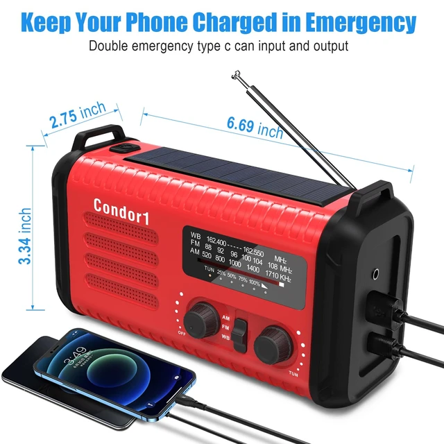 Alt view image 5 of 7 - 20000mAh Emergency Weather Radio, Solar Hand Crank Portable AM/FM/NOAA Radio with Flashlight, Reading Lamp, SOS Alarm, USB-C Cell Phone Charger for Home Outdoor Survival-Red
