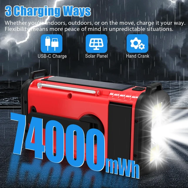 Alt view image 4 of 7 - 20000mAh Emergency Weather Radio, Solar Hand Crank Portable AM/FM/NOAA Radio with Flashlight, Reading Lamp, SOS Alarm, USB-C Cell Phone Charger for Home Outdoor Survival-Red